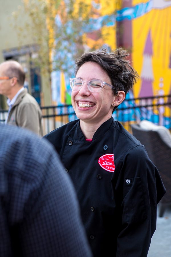 Claire Fields, the chef behind Old Town Churns creations laughs as she talks about the different ice-cream flavors. (Brooke Buchan | Collegian) 