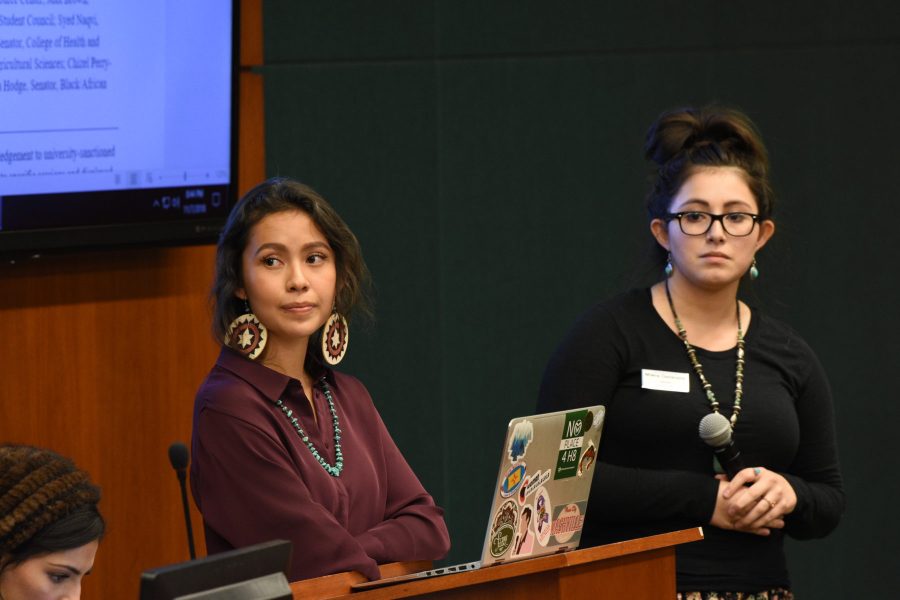Senator Milena Castaneda and Associate Senator Raven Pinto present their bill to the ASCSU Senate. The bill would implement a land acknowledgment during the first, middle, and last ASCSU sessions of each semester. (Matt Tackett | Collegian)