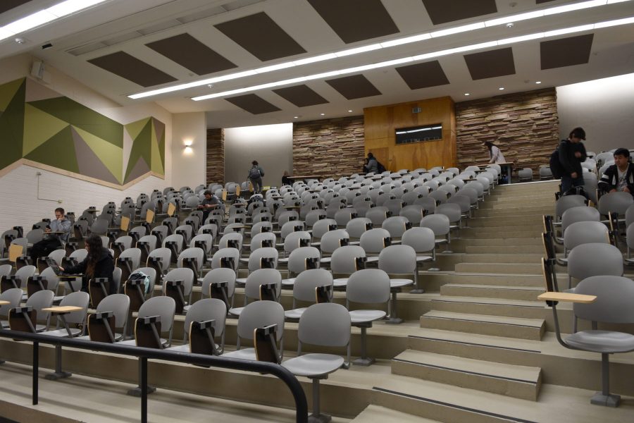 Students sitting in a mostly empty lecture hall. (Matt Tackett | Collegian)