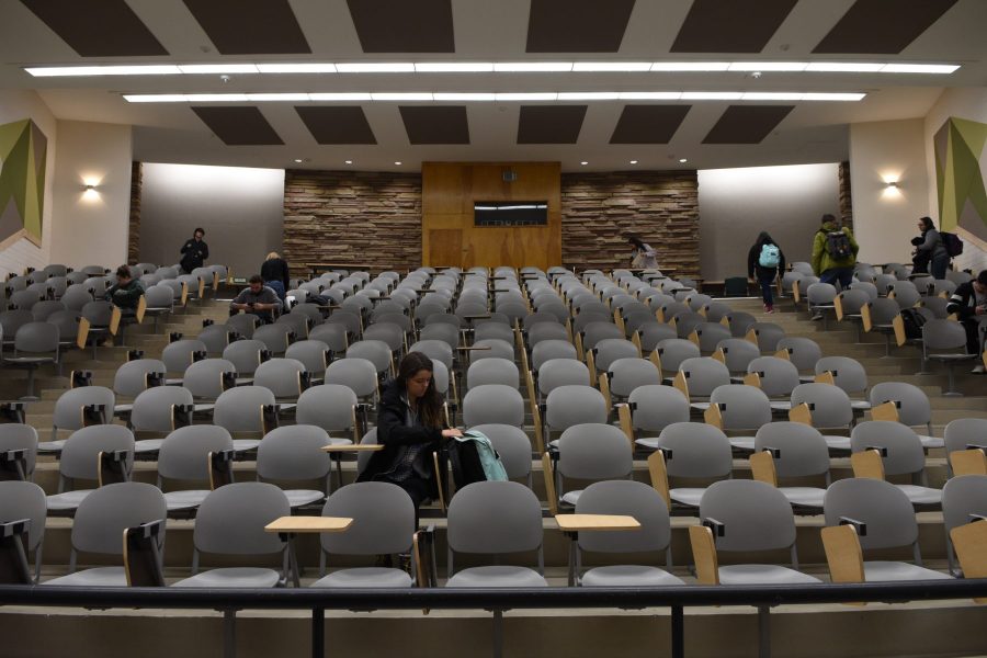 Students sitting in a mostly empty lecture hall. (Matt Tackett | Collegian)