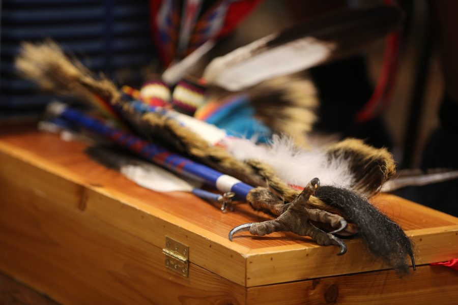 Some of Gerald Montour's regalia is pictured at the 36th annual AISES Pow Wow at the LSC on Nov. 3, 2018. The claw is from an eagle, and it "is a representation of the strongest part of that eagle," Montour said. (Forrest Czarnecki | Collegian)
