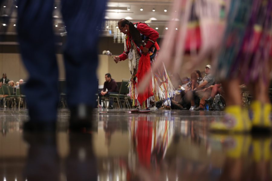Gerald Montour performs a gourd dance at the 36th annual AISES Pow Wow at the LSC on Nov. 3, 2018. (Forrest Czarnecki | Collegian)