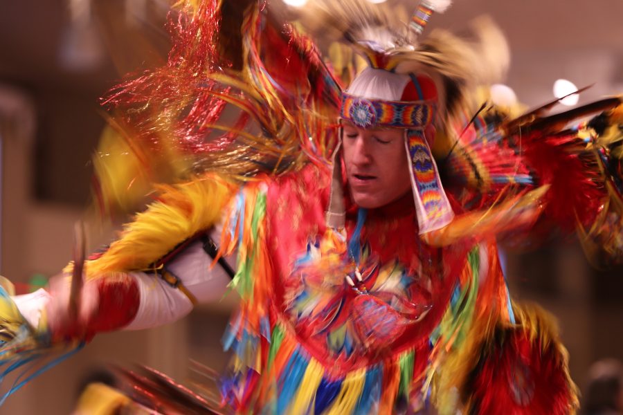 Stanley Aschenbrenner performs a dance called the "Men's Fancy Dance" at the 36th annual AISES Pow Wow at the LSC on Nov. 3, 2018. (Forrest Czarnecki | Collegian)