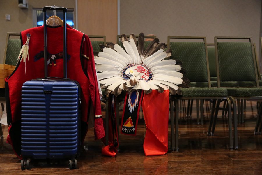 Native American regalia sits on a chair in the grand ballroom before the start of the 36th annual AISES Pow Wow at the LSC on Nov. 3, 2018. (Forrest Czarnecki | Collegian)