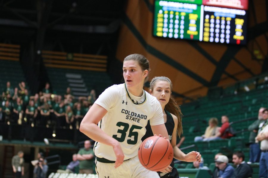 Lore Devos(35) runs past a defender and drives towards the basket, during CSU's game against Eastern NM on November 6th 2018.  The Rams win 72-46 (Devin Cornelius | Collegian)