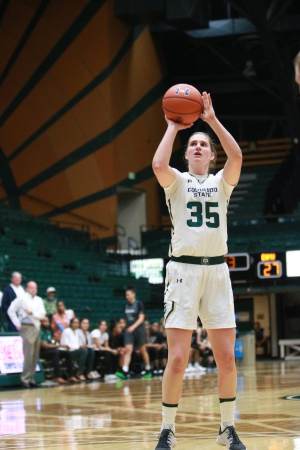 Lore Devos(35) shoots and makes a freethrow after being fowled during CSU's home game against Eastern NM on November 6th 2018. The Rams win 72-46. (Devin Cornelius | Collegian)