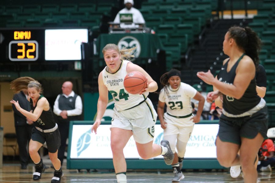 Mollie Mounsey(24) sprints down the court on a fastbreak during CSUs home game vs Eastern NM on November 6th 2018. The Rams win 72-46.(Devin Cornelius | Collegian)