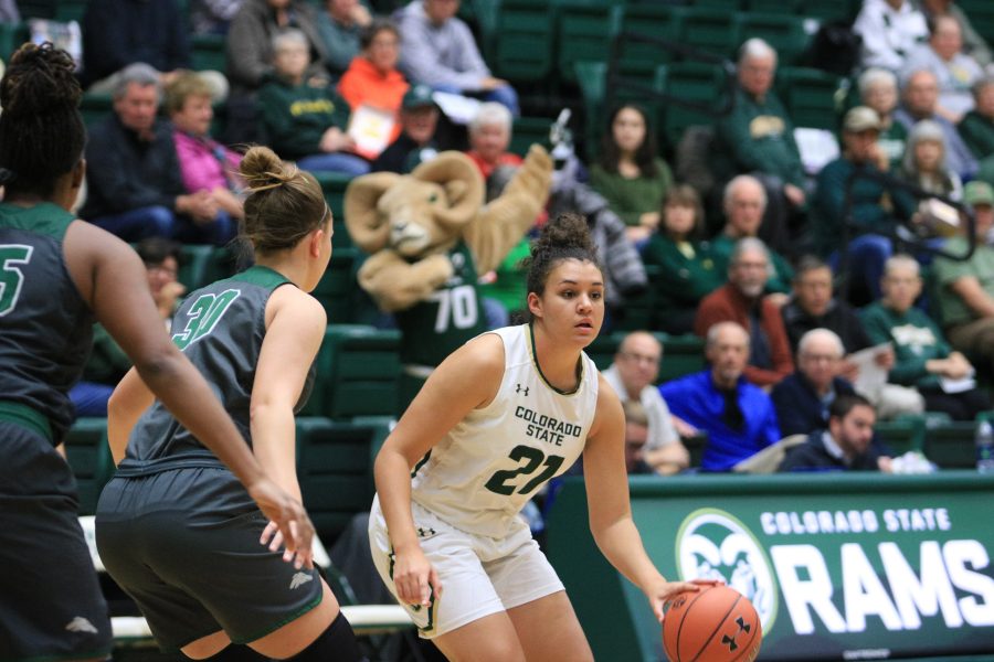Myanne Hamm(21) dribbles and looks for somebody to pass to, during CSU's home game vs Eastern NM on November 6th 2018. The Rams win 72-46. (Devin Cornelius | Collegian)
