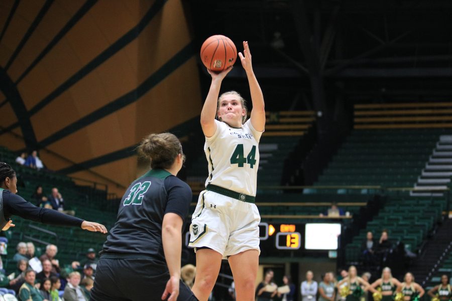 Tatum Neubert (44) shoots from the three-point line during Colorado State University's game against Eastern New Mexico Nov. 6, 2018. The Rams won 72-46. (Devin Cornelius | Collegian)