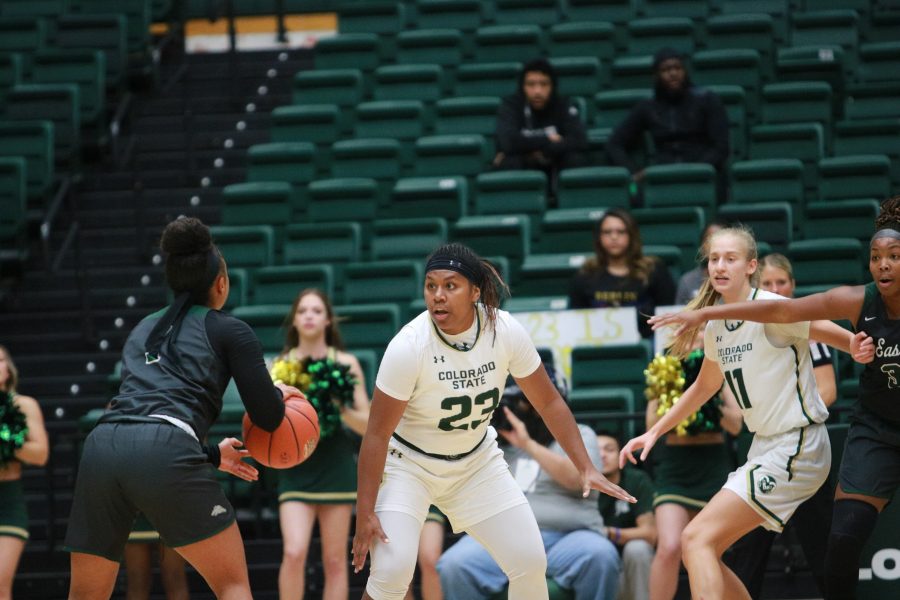 Grace Colaivalu(23) and Lena Svanholm(11) defend Eastern NM players, during CSU's home game vs Eastern NM on November 6th 2018. The Rams win 72-46. (Devin Cornelius | Collegian)