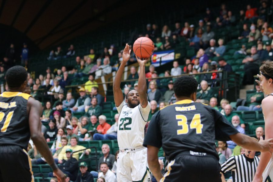 J.D. Paige (22) shoots from three during the Rams game against the UAPB Golden Lions. The Rams win 92-67. (Devin Cornelius | Collegian)