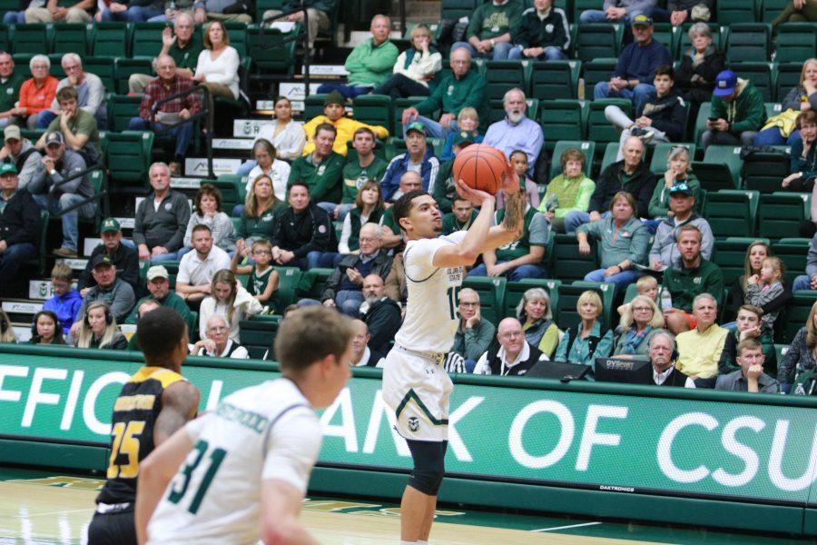 Anthony Masinton-Bonner (15) shoots from the three point line, as CSU takes on UAPB. The Rams win 92-67. (Devin Cornelius | Collegian)