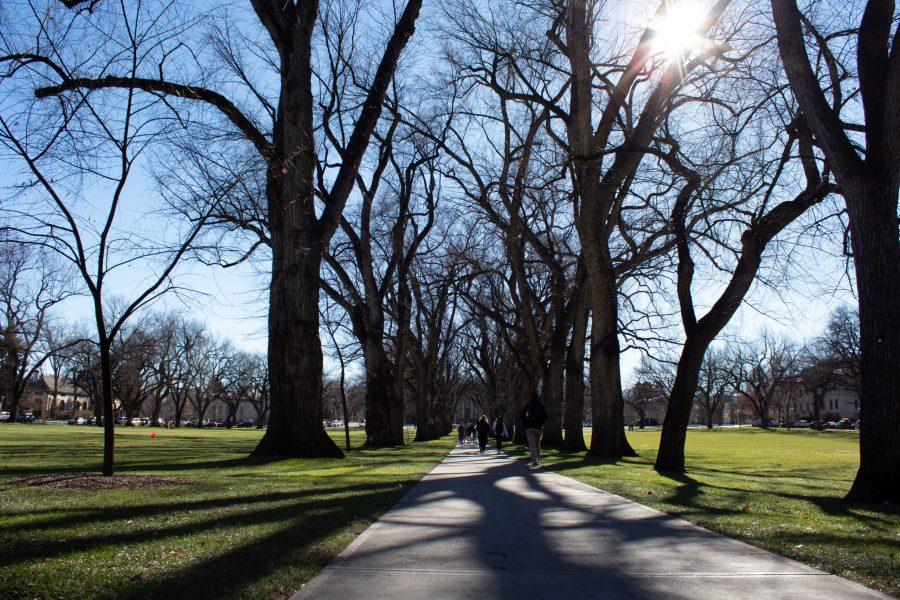 Students walk through the oval located off West Laurel Street. (Clara Scholtz | Collegian)