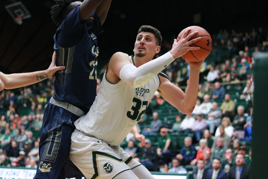 Nico Carvacho (32) looks for an opening to shoot as the rams play the MSU Bobcats. CSU wins 81-77. (Devin Cornelius | Collegian)