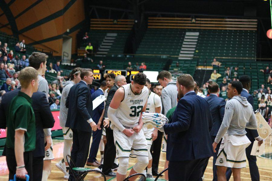 Nico Carvacho (32) yells in the huddle after a foul is called on him by the official during a rams timeout. CSU beats MSU 81-77. (Devin Cornelius | Collegian)
