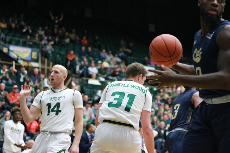 Robbie Berwick (14) celebrates after Adam Thistlewood's (31) layup as CSU battles MSU. CSU wins 81-77. (Devin Cornelius | Collegian)