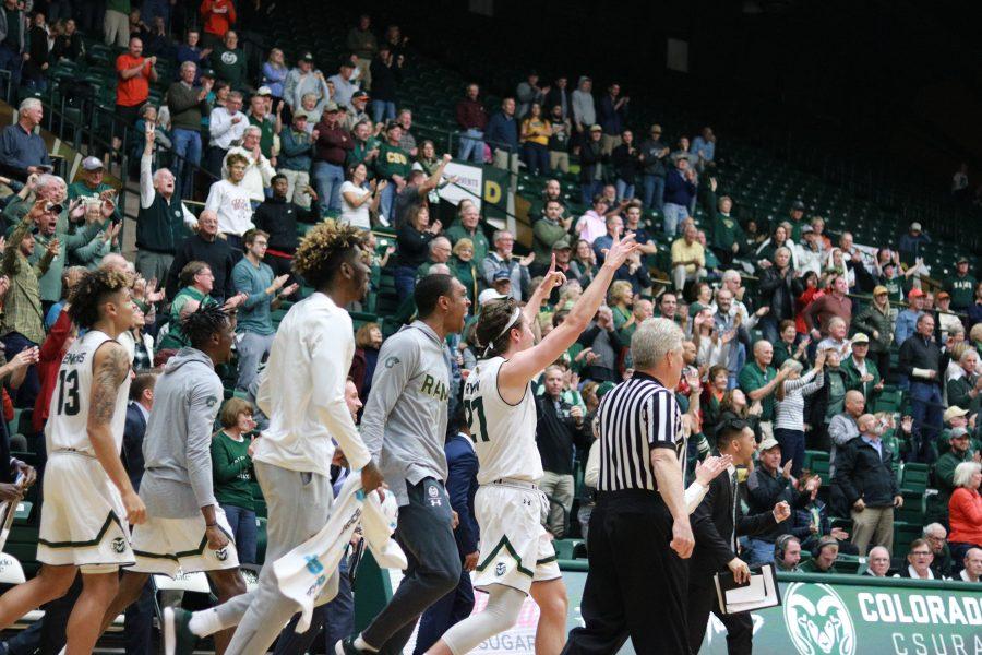 CSU basketball members cheer a stop by the defense, during a close game at home vs MSU. CSU wins 81-77 (Devin Cornelius | Collegian)