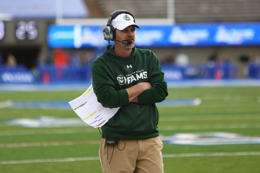 Colorado State head coach Mike Bobo watches the team during the Thanksgiving day game against Air Force, Nov. 22nd, 2018. (Davis Bonner | Collegian)
