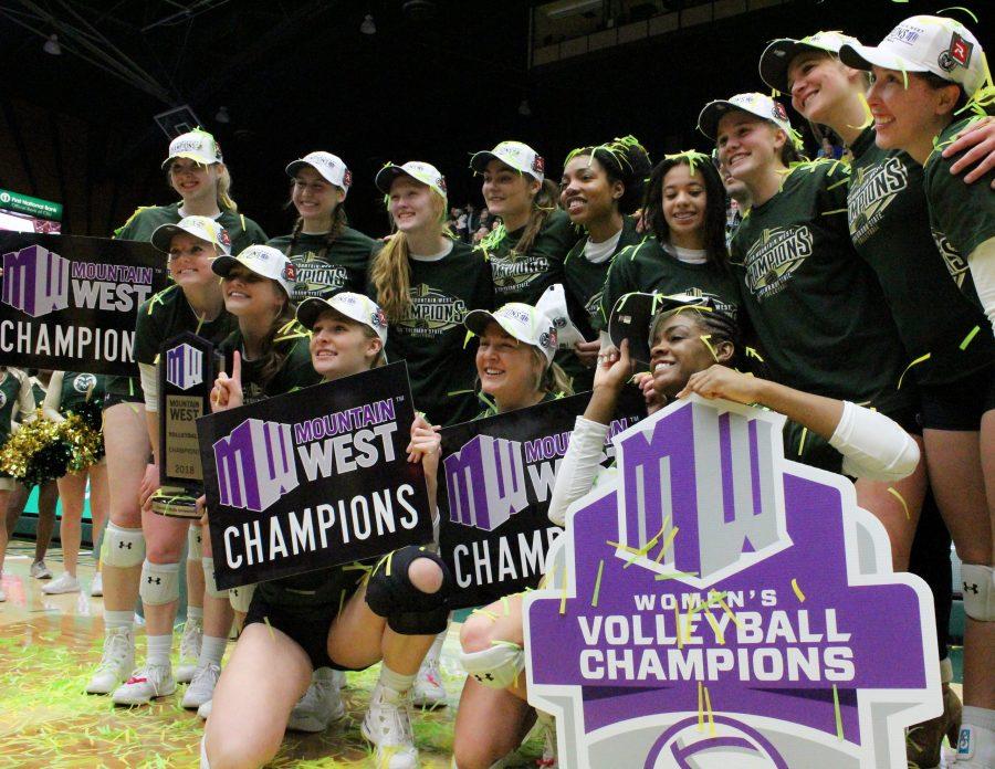 At the end of their game Saturday night, the Womens Volleyball team proudly showed off their new title of Mountain West Champions