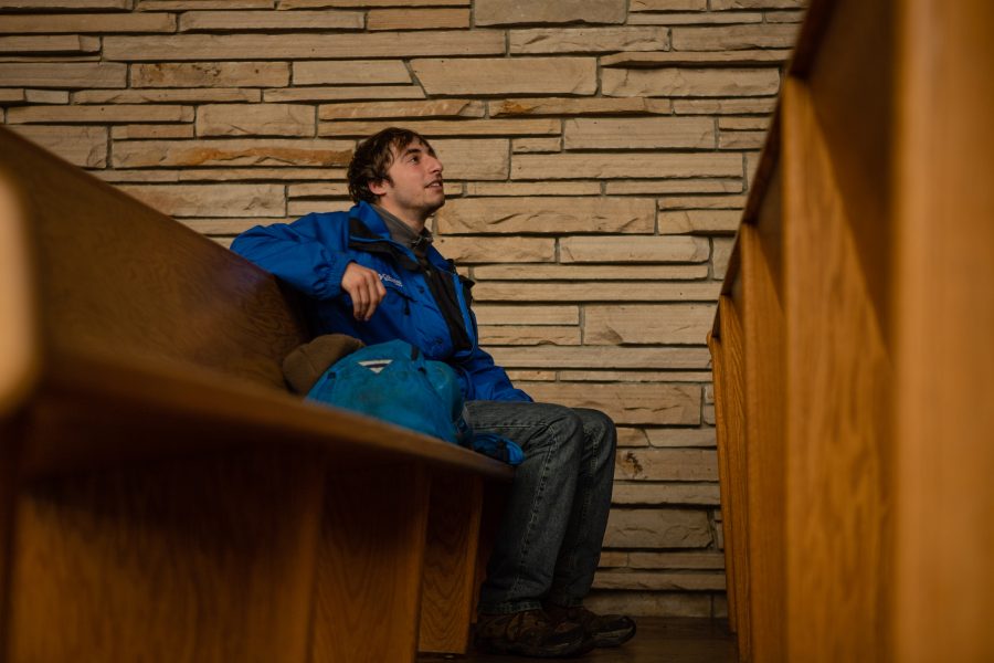 Randy Sloane looks up inside the Danforth Chapel near the CSU oval on Monday, November 5th. Originally from Maryland, Sloane has been staying in Fort Collins for almost a year, and recently began working at Avogadros Number downtown. He stopped by the chapel for a moment to meditate before his shift began. You know how if you go bowling, you can put those bumpers up and they stop you from messing up too far to the left or the right? The people in Fort Collins have pretty much been like that for me. (Brooke Buchan | Collegian)