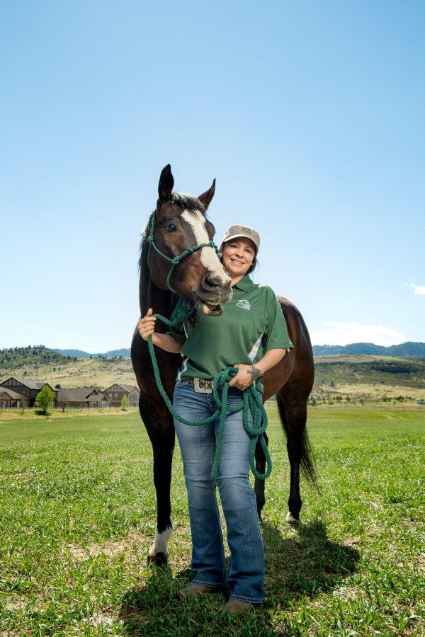 Star Ray with Moca at the Equine Sciences Foothills campus, Colorado State University, May 4, 2017. Students in the Doctor of Veterinary Medicine Program are now required to take an animal welfare class taught by assistant professor of livestock behavior and welfare Lily Edwards-Callaway. (Photo courtesy of the College of Agricultural Sciences)