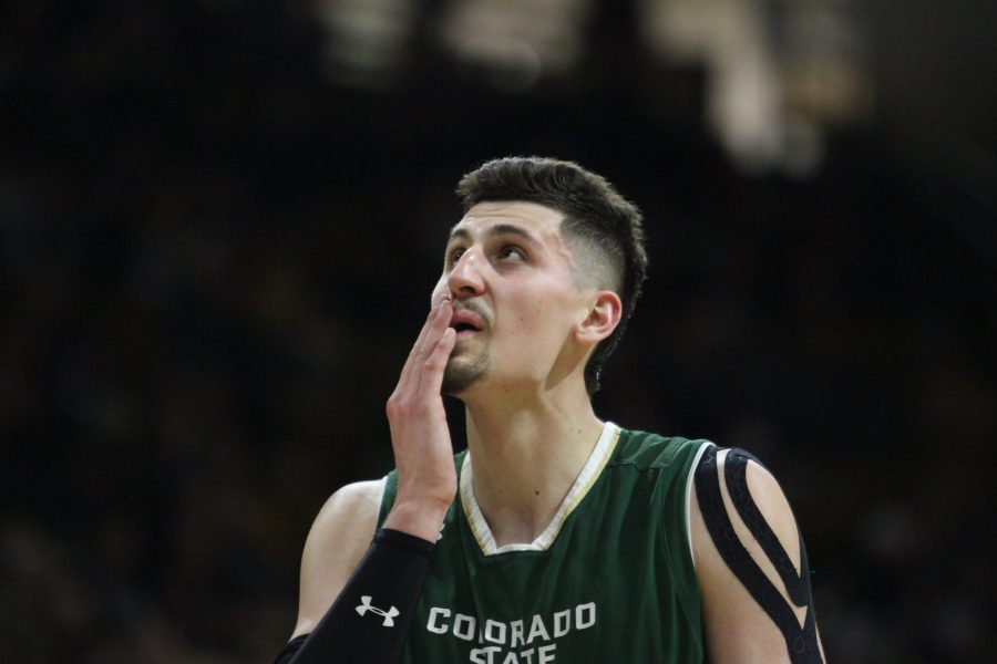 Forward/Center Nico Carvacho looks up at the scoreboard while CU is ahead by 4 points in the last minute of the game. CSU lost to CU 86-80 Dec. 1 in Boulder. (Matt Begeman | Collegian)
