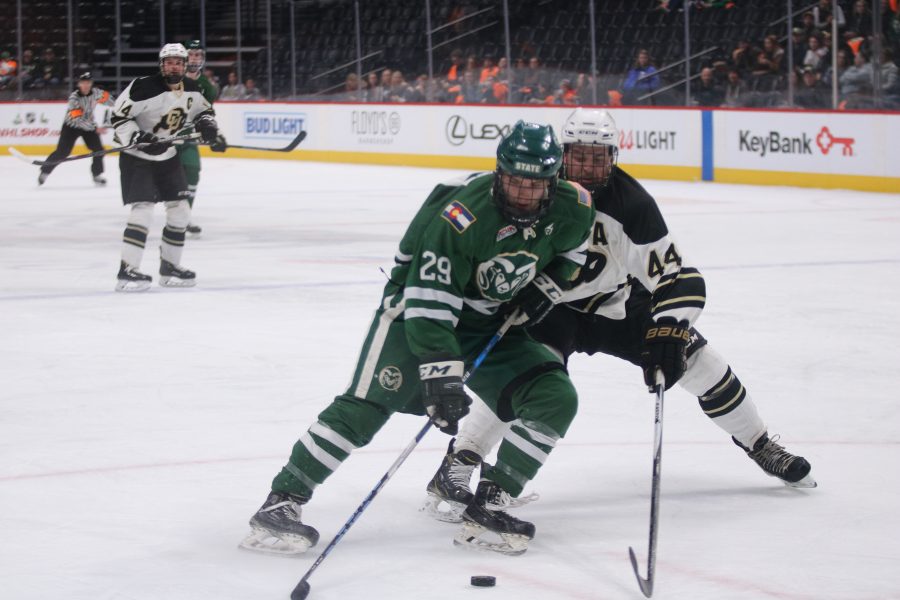 Austin Ansay (29) battles a CU defender as he looks to score, during the Ram's game against the Buffs. Rams lose 8-3. (Devin Cornelius | Collegian)