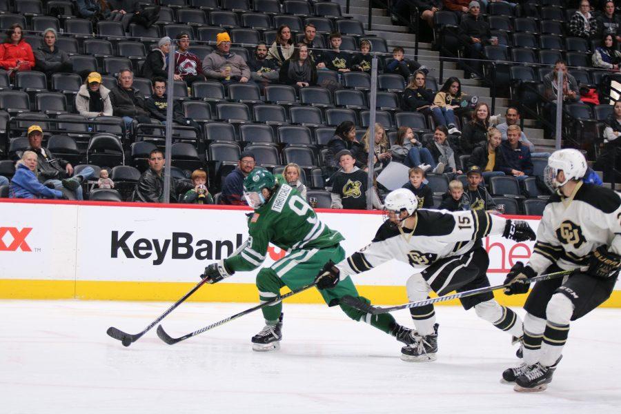 Samuel Thurtchley (9) races past CU defenders as the Rams take on the Buffs at Pepsi Center. The Rams fall 8-3. (Devin Cornelius | Collegian)