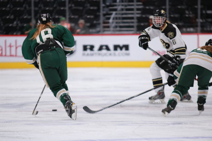 Allie Litzinger (16) speeds towards the CU goal as the rams take on the Buffs at the Pepsi center. Rams lose 9-0. (Devin Cornelius | Collegian)