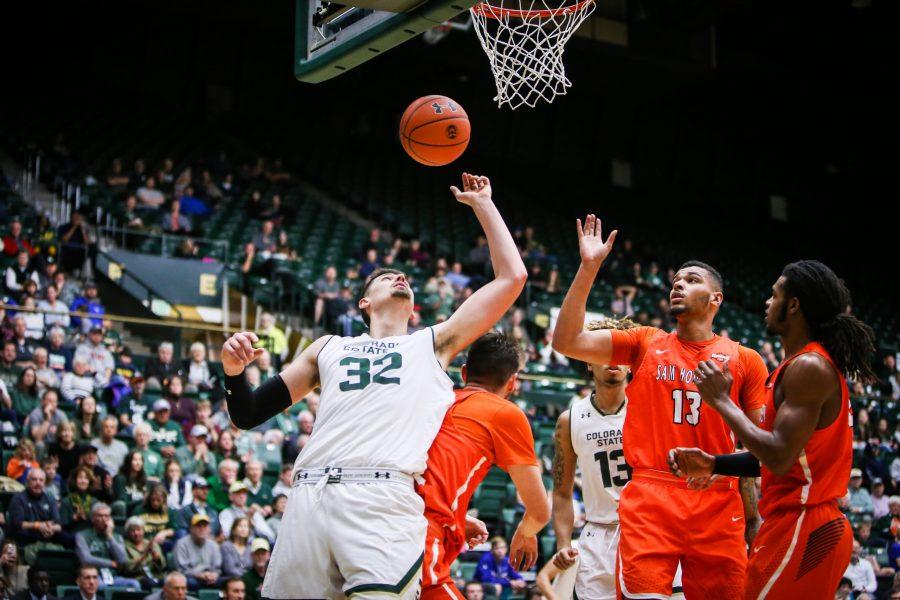 Nico Carvacho tries catching a rebound ball during the game against San Houston State on Dec. 8. The Rams won 71-65. (Tony Villalobos May | Collegian)