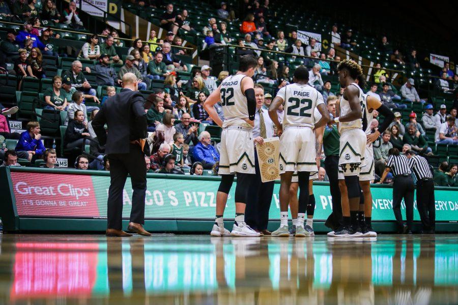 The Rams huddle around Coach Niko Medved during the game against San Houston State on Dec. 8. The Rams won 71-65. (Tony Villalobos May | Collegian)