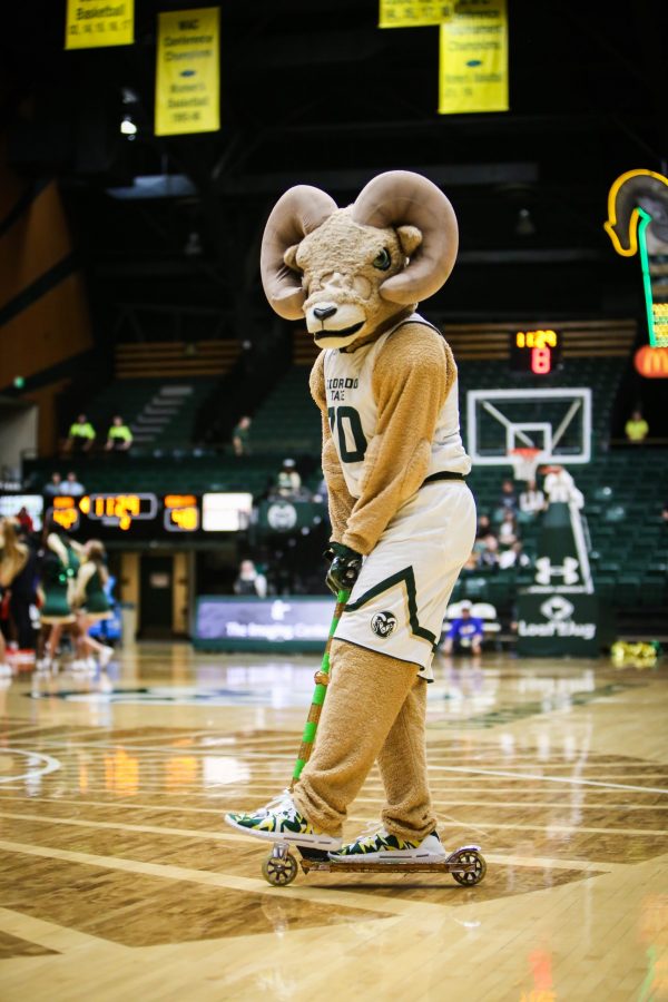 Cam the Ram rides a scooter during the game against San Houston State on Dec. 8. The Rams won 71-65. (Tony Villalobos May | Collegian)