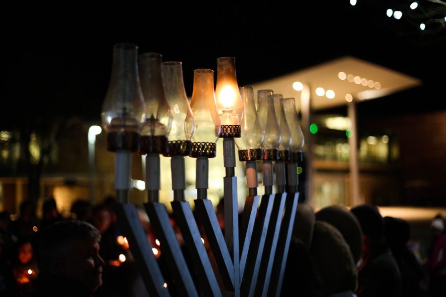 The Menorah is seen after being lit outside the LSC on the Plaza on Nov. 3. (Tony Villalobos May | Collegian)