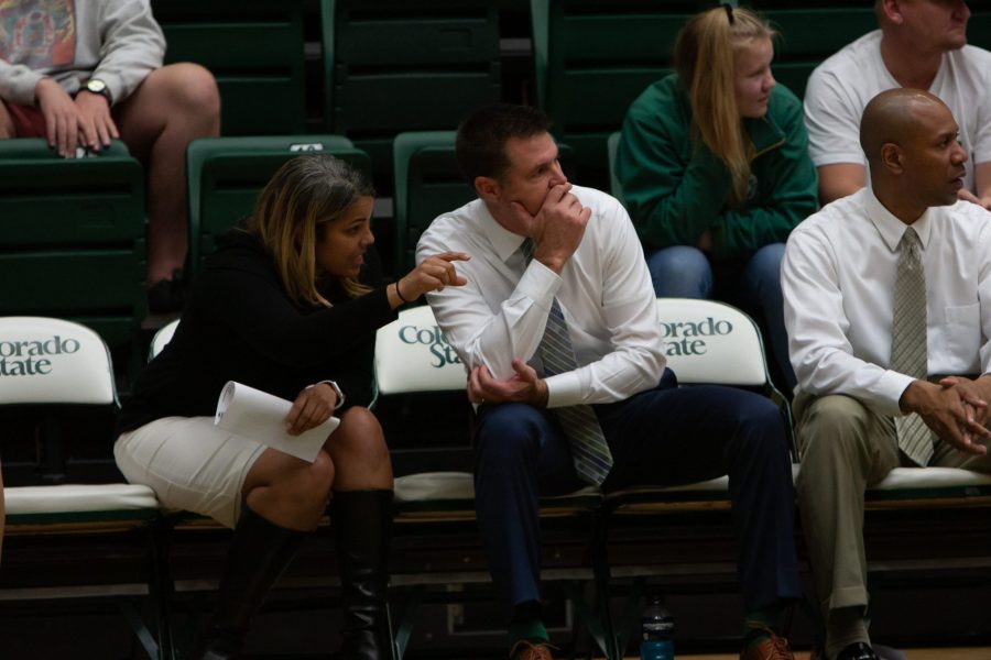 CSU Assistant Women’s Basketball Coach Kellie Lewis and Head Coach Ryun Williams discuss strategy while playing against the Arizona Sun Devils Dec. 9. The rams lost 70-30. (Brooke Buchan | Collegian)