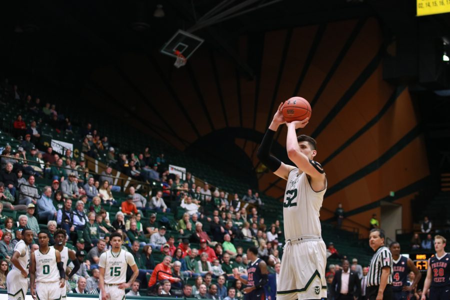 Nico Carvacho (32) shoots two free throws after being fouled, during the Rams game against the FSU Bulldogs. Rams win 75-64. (Devin Cornelius | Collegian)