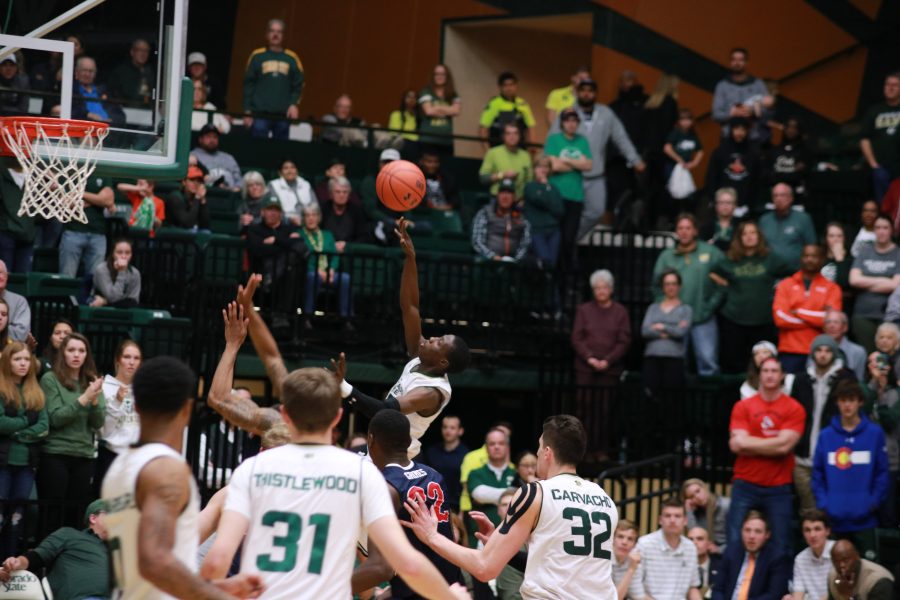 kendle Moore (3) shoots the ball after a fastbreak as the Rams battle FSU Bulldogs at home. Rams win 75-64. (Devin Cornelius | Collegian)