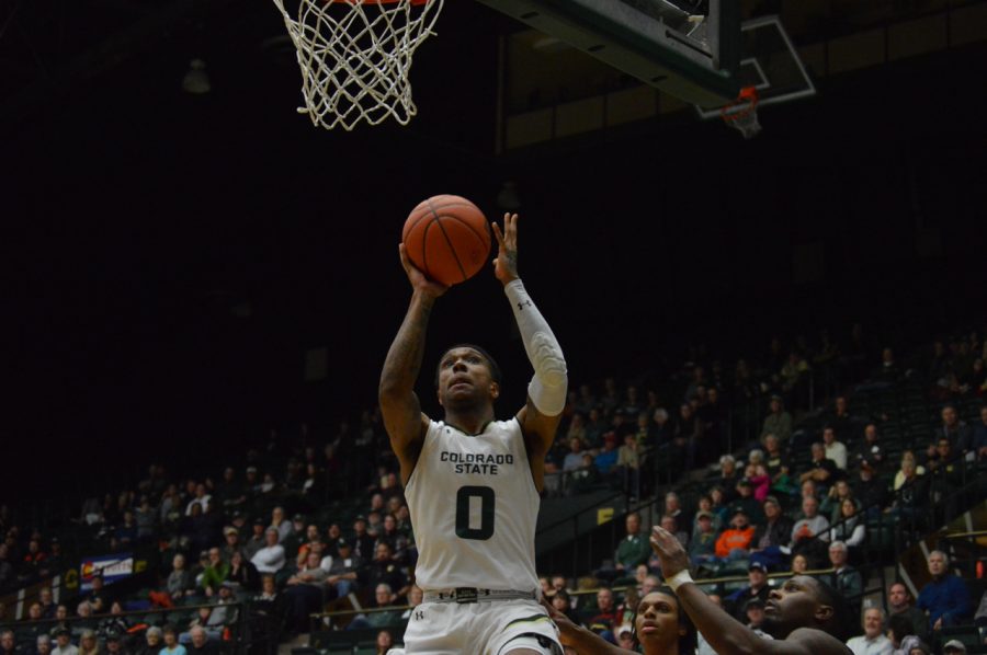 Colorado State Universitys Hyron Edwards goes in for a layup against Boise State on Jan. 29. The Rams fell to the Broncos 70-68. (Skyler Pradhan | Collegian)