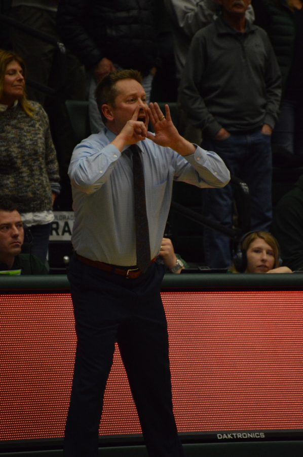Colorado State University's head coach Niko Medved yells from the sidelines during the game against Boise State on Jan. 29. The Rams fell to the Broncos 70-68. (Skyler Pradhan | Collegian)