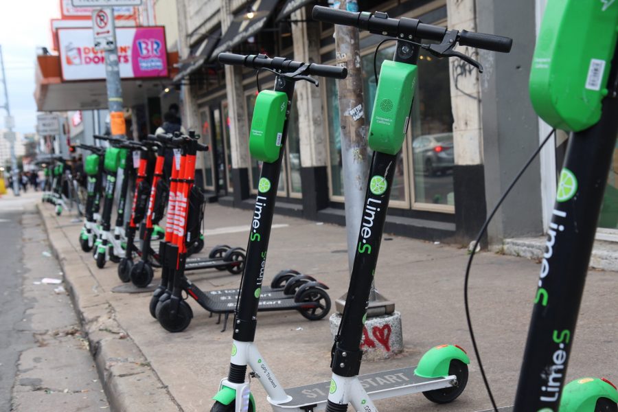 Scooters from companies like Lime and Bird line the streets of downtown Austin, Texas, one of the cities that has a large amount of electric scooters. The City of Fort Collins and Colorado State University are working on regulations to prevent issues that other cities are having with these scooters before welcoming them into the city. (Photo courtesy of Kaitlyn Trowbridge)