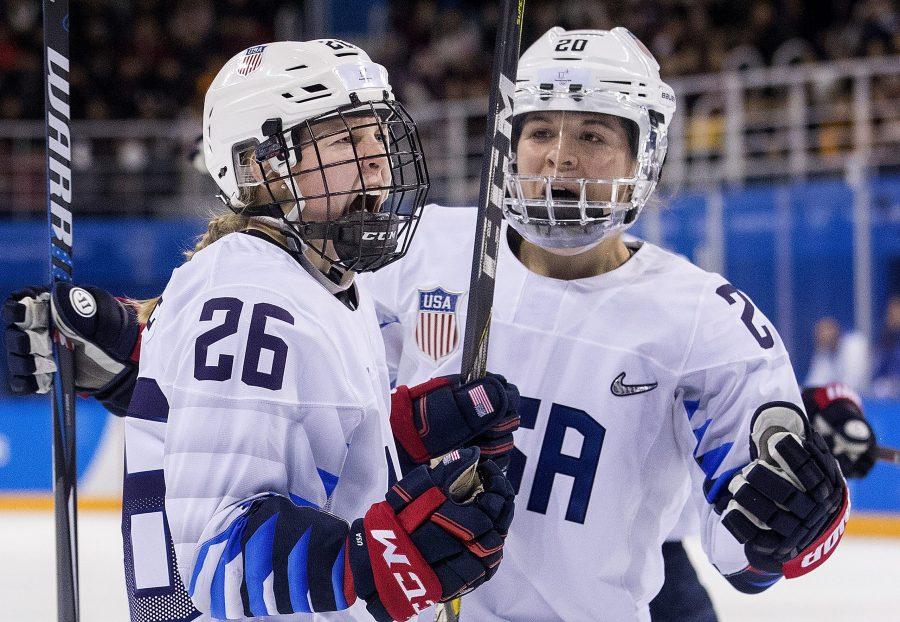 Team USAs Kendall Coyne (26) and Hannah Brandt (20) celebrate after Coyne scored a goal in the second period on Sunday, February 11, 2018 at Kwandong Hockey Centre during the 2018 Pyeongchang Winter Olympics in South Korea. (Carlos Gonzalez/Minneapolis Star Tribune/TNS)