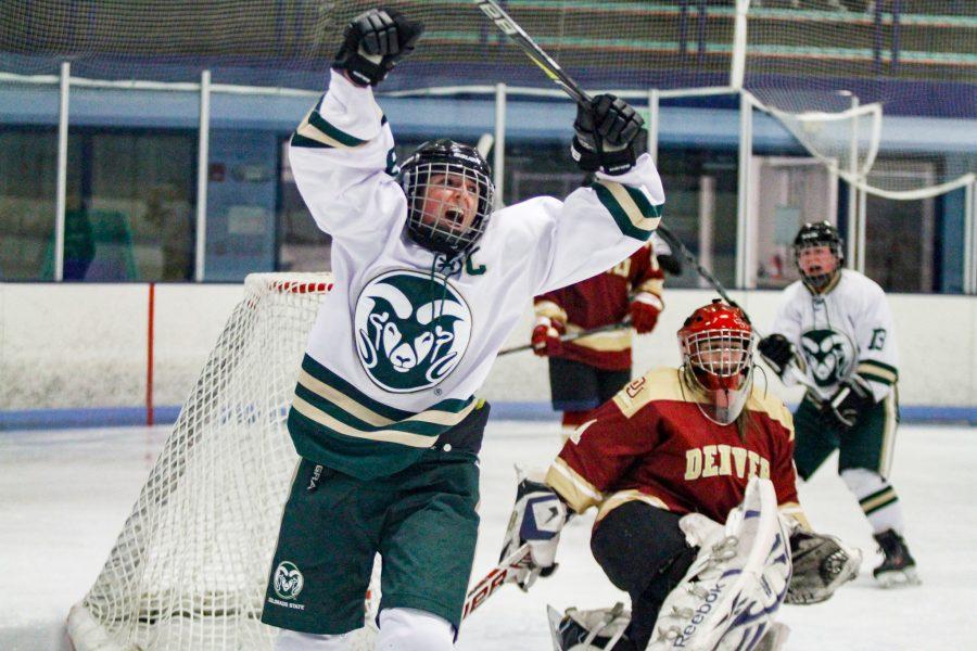 Maria King celebrates after scoring a goal in the game against the University of Denver Feb. 15. The Rams beat the Pios 6-3. (Ashley Potts | Collegian)