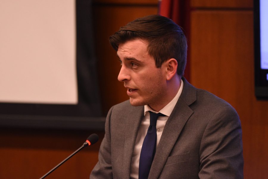 ASCSU Vice President Kevin Sullivan gives the executive weekly report at the Wednesday, Feb. 2, 2019 meeting. (Matt Tackett | Collegian)