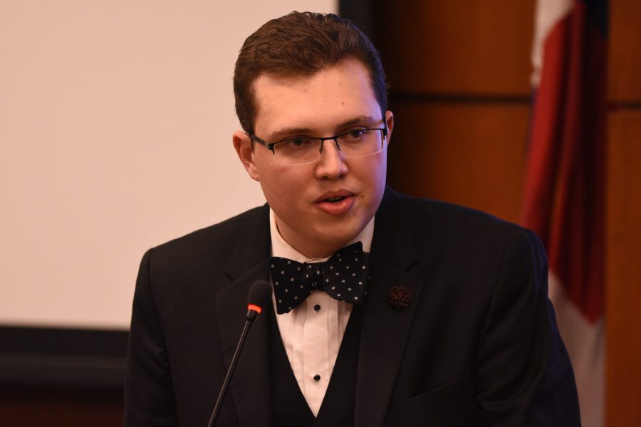 ASCSU Senator Connor Cheadle, presents his resolution for the recognition of Darwin Day as an observed CSU holiday. The resolution stirred debate and questions among the Senate. (Matt Tackett | Collegian)