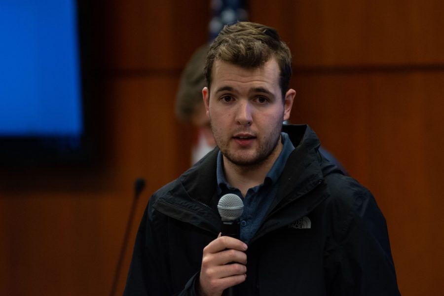 ASCSU President Tristan Syron speaks about recent student reactions to bill and resolution endorsement issues. The issues involved potentially fraudulent endorsements on a resolution brought to the senate on February 6th, 2019 (Matt Tackett | Collegian)