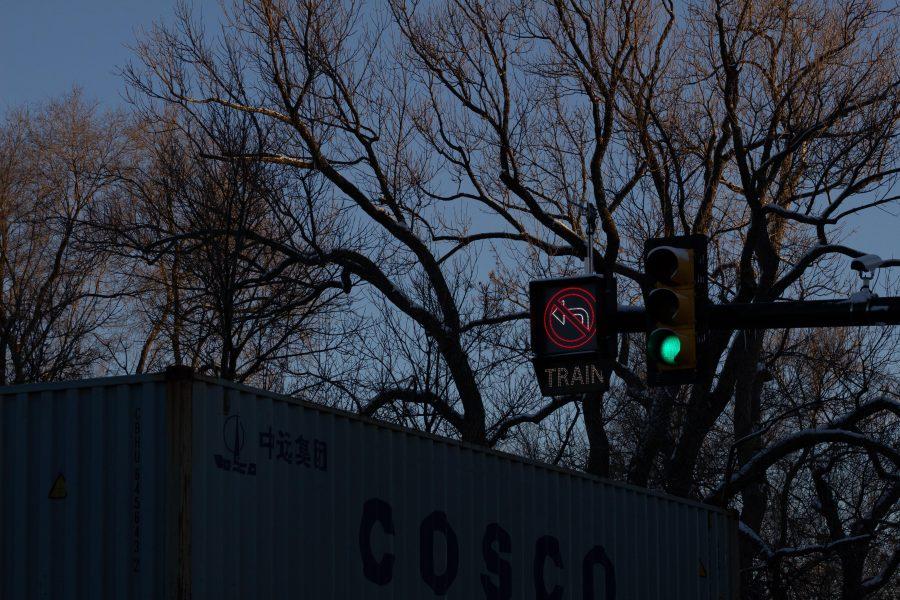 A stopped freight train sits near the intersection of Mason and Laurel streets following a train and pedestrian collision at 2:57 p.m. Feb. 7. One fatality was confirmed by Fort Collins Police Services. (Forrest Czarnecki | Collegian)