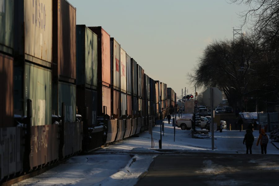 A freight train is stopped near the intersection of Mason and Mulberry streets following a collision with a pedestrian at approximately 2:57 p.m. Feb. 7. One fatality was confirmed by Fort Collins Police Services. (Forrest Czarnecki | Collegian)