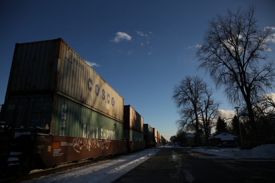 A freight train is stopped near the intersection of Mason and Mulberry streets following a collision with a pedestrian at approximately 2:57 p.m. Feb. 7. One fatality was confirmed by Fort Collins Police Services. (Forrest Czarnecki | Collegian)