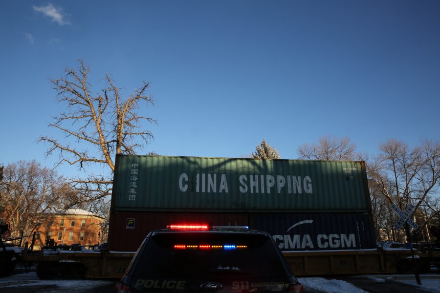 A freight train is stopped near the intersection of Mason and Laurel streets following a collision with a pedestrian at approximately 2:57 p.m. Feb. 7. One fatality was confirmed by Fort Collins Police Services. (Forrest Czarnecki | Collegian)