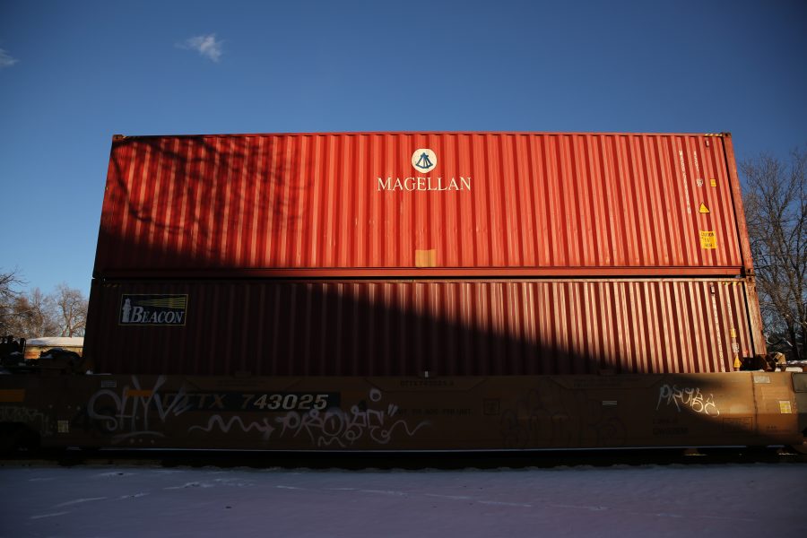 A freight train is stopped near the intersection of Mason and Mulberry streets following a collision with a pedestrian at approximately 2:57 p.m. Feb. 7. One fatality was confirmed by Fort Collins Police Services. (Forrest Czarnecki | Collegian)