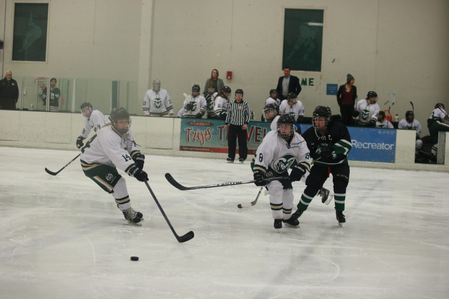 Teammates Kristen Perry (14) and Megan Johnston (8) race towards the puck, as the Rams take on the Utes. CSU wins 4-3. (Devin Cornelius | Collegian)